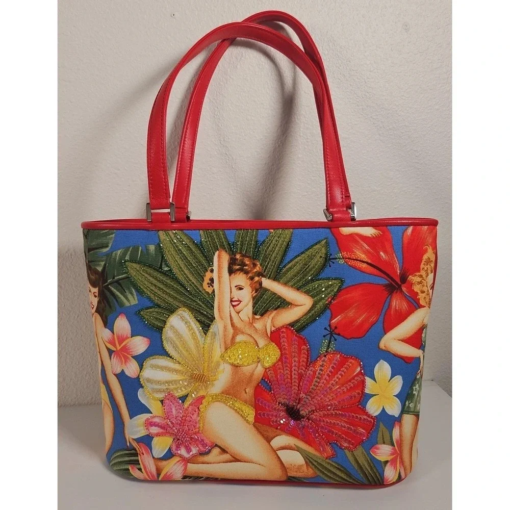 ISABELLA FIORE RARE Vintage Hawaiian Pin up Girls Bag Tote Floral Gorgeous!!